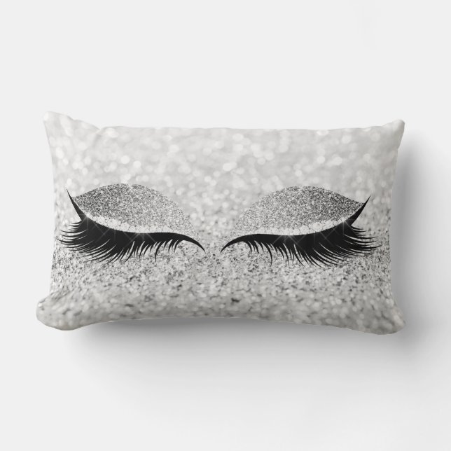 Glitter Black Makeup Eye Lashes White Silver Eye Lumbar Pillow (Front)