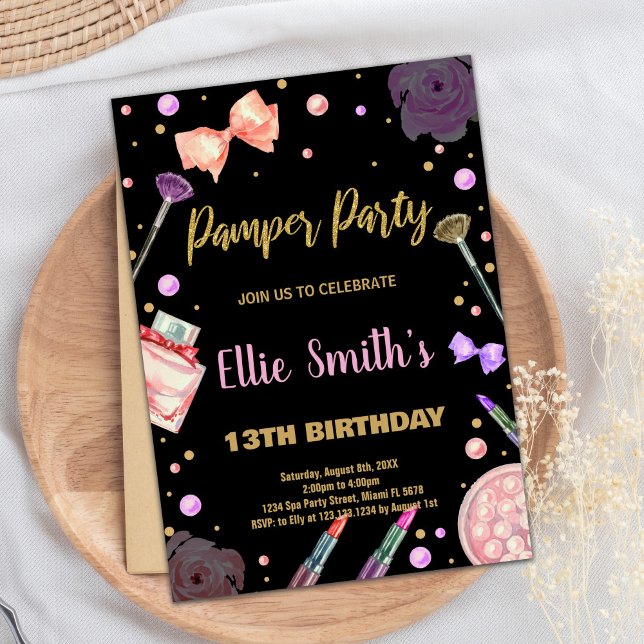 Glitter Black Pamper Party Birthday Invitations (Glitter Black Pamper Party Birthday Invitations)