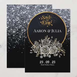 Glitter Black Rose Flowers Save the Date