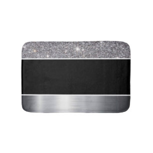 Glitter Black Silver Pattern Print Design Bath Mat