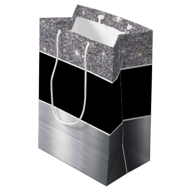 Glitter Black Silver Pattern Print Design Medium Gift Bag (Back Angled)