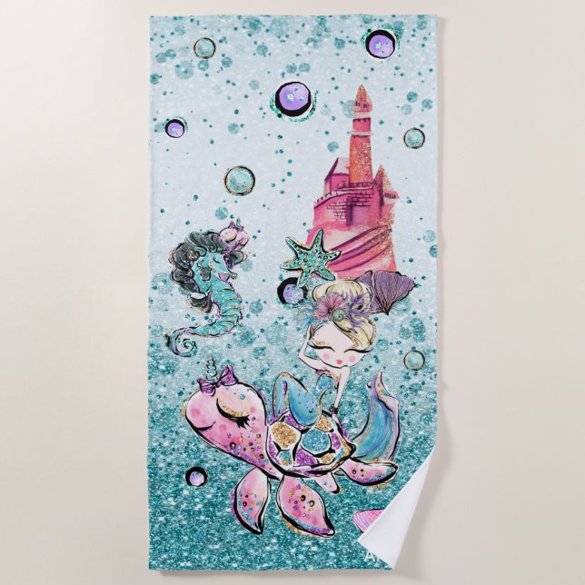 *~* Glitter Blonde Mermaid Sea Turtle Sand Castle  Beach Towel (Front)