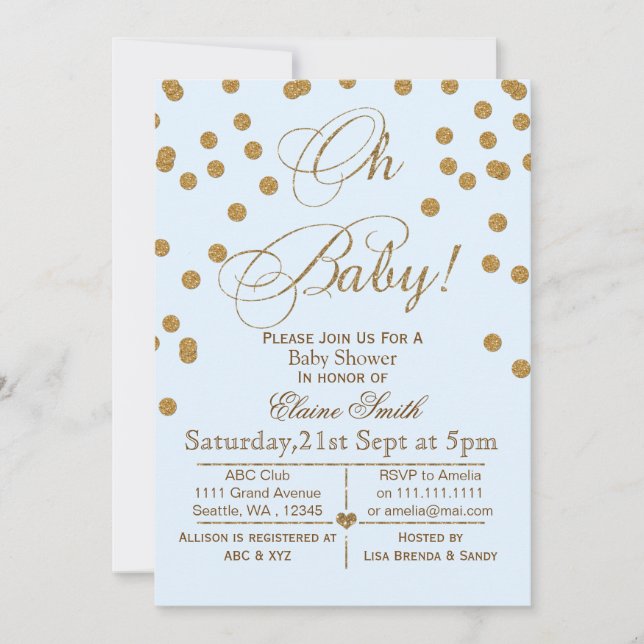 Glitter blue and gold baby shower invitation (Front)