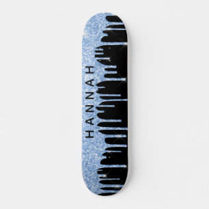 Glitter Blue Drips Personalized Black Skateboard