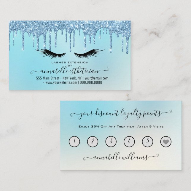 Glitter Blue Eyelash Extension Loyalty   Business  Card (Front/Back)