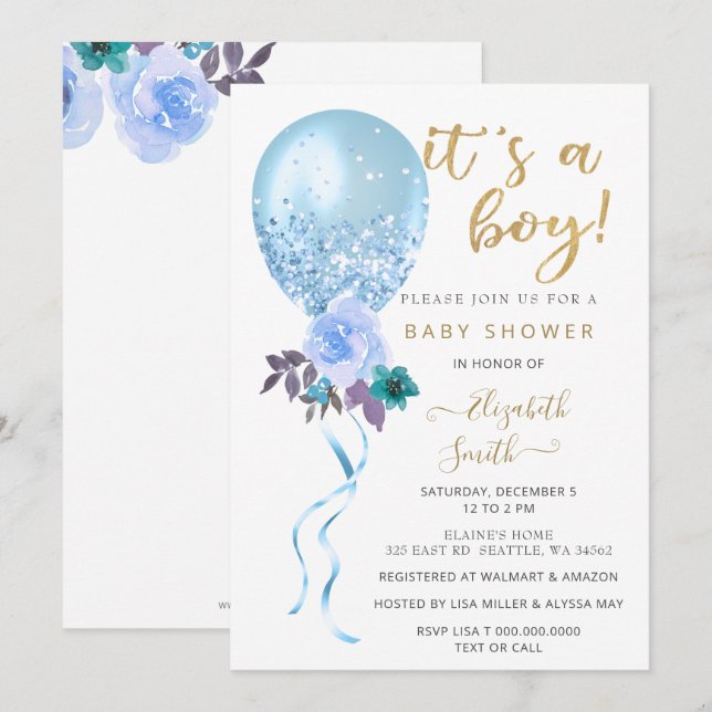 Glitter Blue Floral Balloon Boy Baby Shower Invitation (Front/Back)