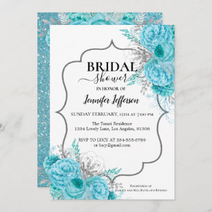 Glitter Blue Floral Bridal Shower Invitation