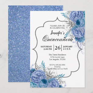 Glitter Blue Floral Quinceanera Invitation
