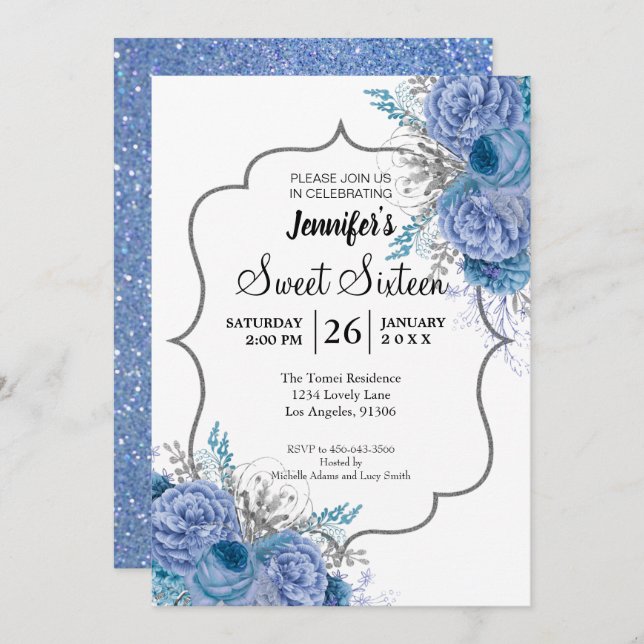 Glitter Blue Floral Sweet 16 Birthday Invitation (Front/Back)