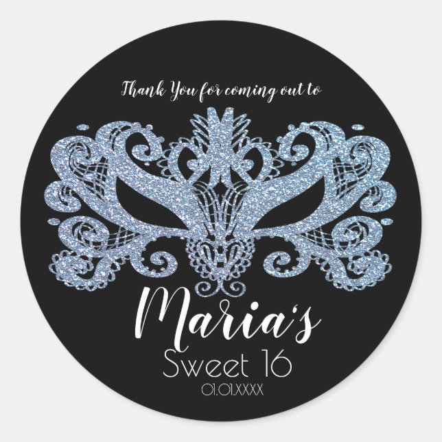 Glitter Blue Masquerade Mask Party Favour Classic Round Sticker (Front)
