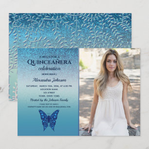 Glitter Blue Photo Quinceanera Birthday Invitation