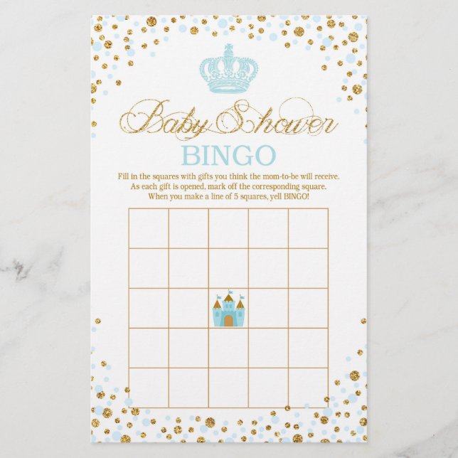 Glitter Blue Royal Crown Prince Baby Shower Bingo (Front)