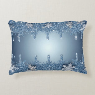Glitter Blue Snowflake Frame With Icicles Accent Pillow