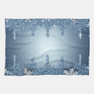 Glitter Blue Snowflake Frame With Icicles Kitchen Towel
