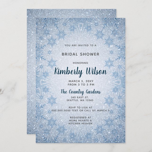 Glitter Blue Snowflakes winter Bridal Shower Invitation (Front/Back)
