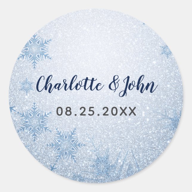 Glitter Blue Snowflakes winter wedding Classic Round Sticker (Front)
