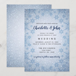 Glitter Blue Snowflakes winter wedding invitation