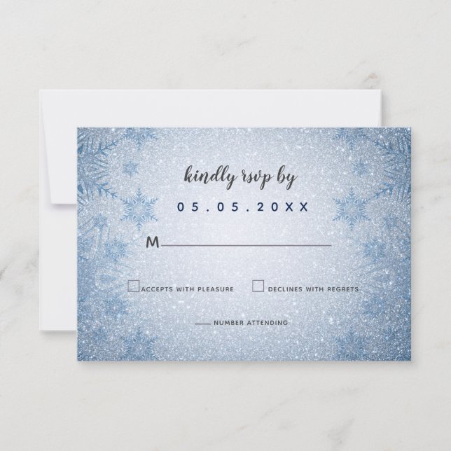 Glitter Blue Snowflakes winter wedding  RSVP Card (Front)