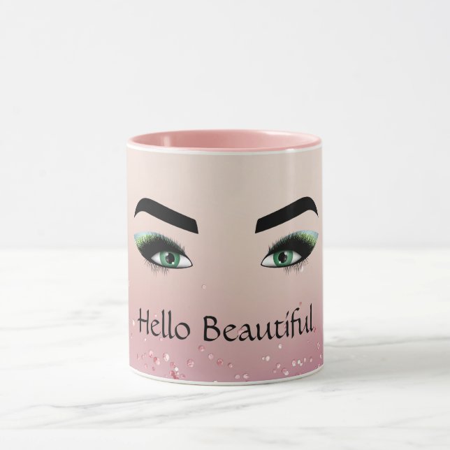Glitter Blush Pink Green Eyes Eye Lashes  Mug (Center)