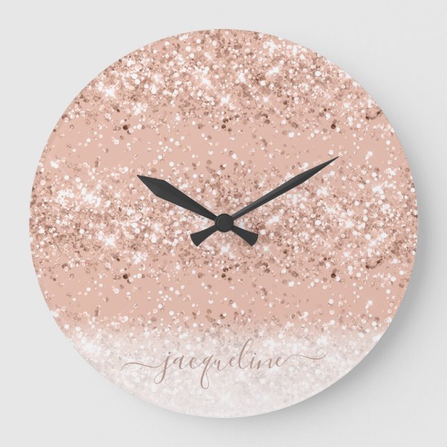 Glitter Blush Pink Rose Gold Monogram Large Clock (Front)