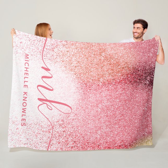 Glitter Blush Pink Rose Gold Monogrammed Script Fleece Blanket (In Situ)