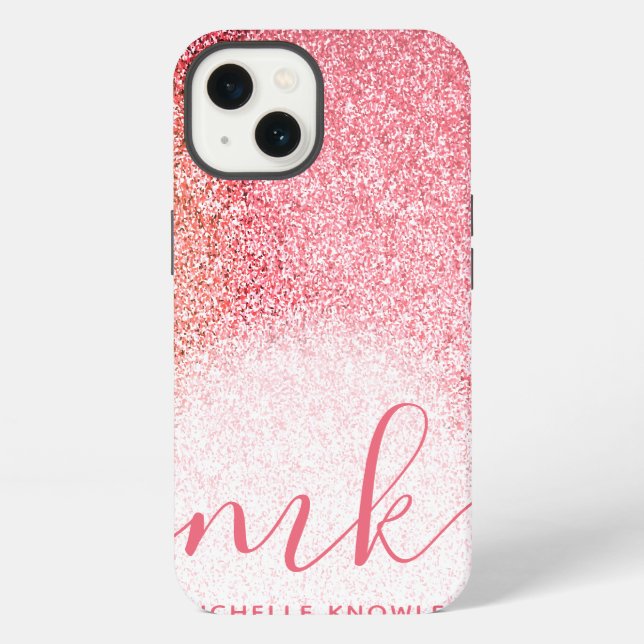 Glitter Blush Pink Rose Gold Monogrammed Script iPhone Case (Back)