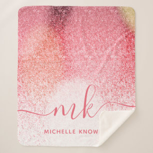 Glitter Blush Pink Rose Gold Monogrammed Script Sherpa Blanket