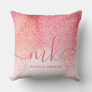 Glitter Blush Pink Rose Gold Monogrammed Script Throw Pillow
