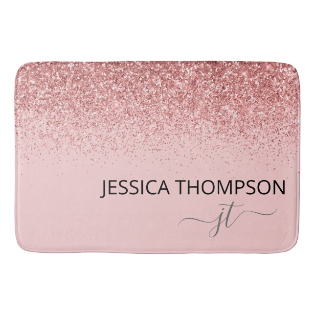Glitter Blush Pink Simple Girly Monogram Name  Bath Mat (Front)