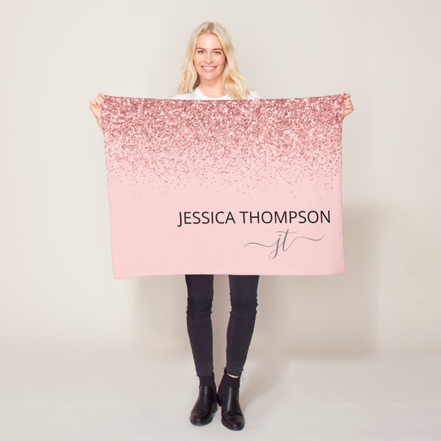 Glitter Blush Pink Simple Script Monogram Name  Fleece Blanket (In Situ)