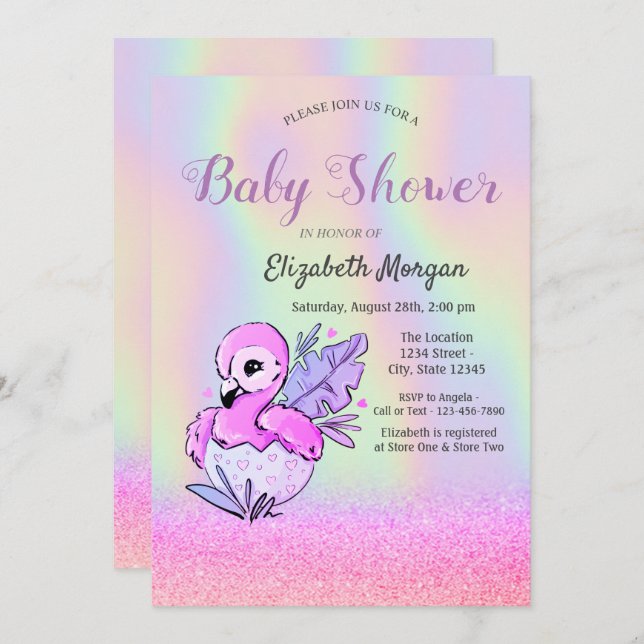 Glitter Bokeh, Flamingo, Holographic Baby Shower I Invitation (Front/Back)