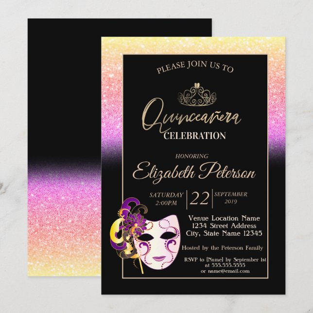 Glitter Bokeh, Tiara, Masquerade  Quinceañera Invitation (Front/Back)