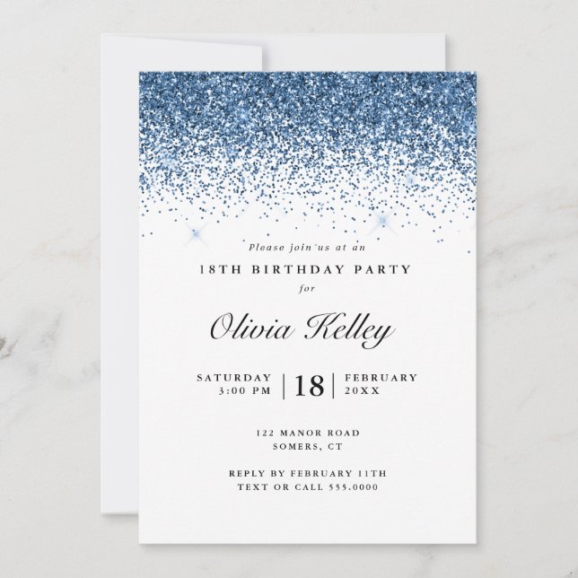 Glitter Border Birthday, Navy Blue Invitation (Front)