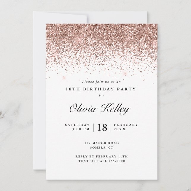 Glitter Border Birthday, Rose Gold Invitation (Front)