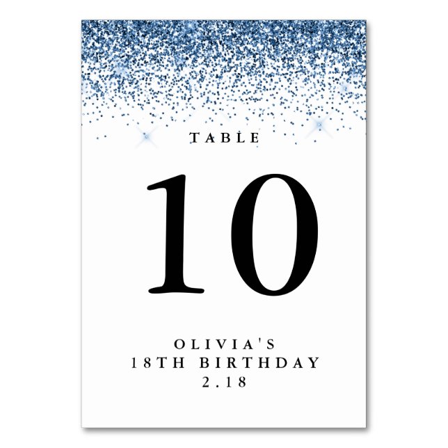 Glitter Border, Navy Blue and White Personalized Table Number (Front)