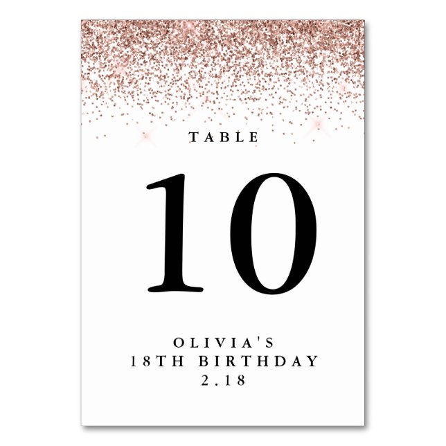 Glitter Border, Rose Gold and White Personalized Table Number (Front)