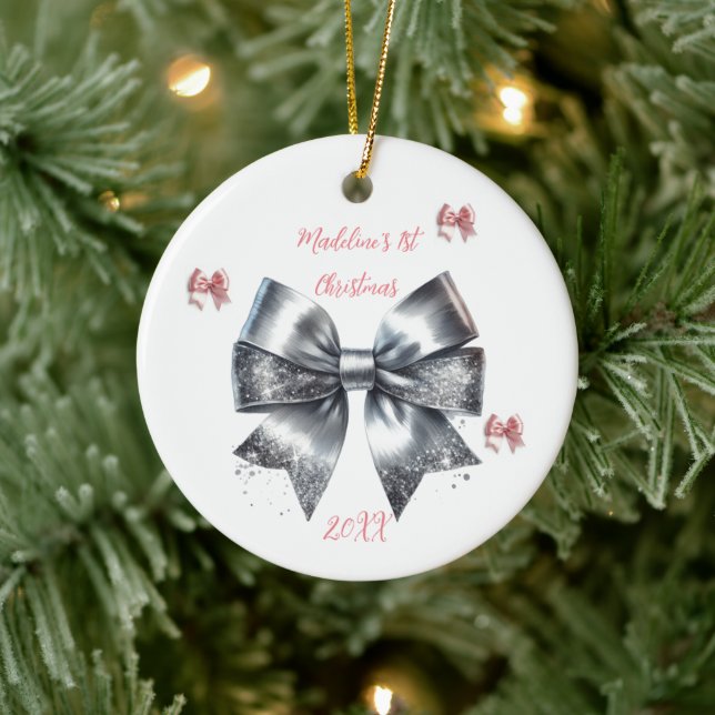 Glitter Bow Baby's First Christmas Ceramic Ornament (Tree)