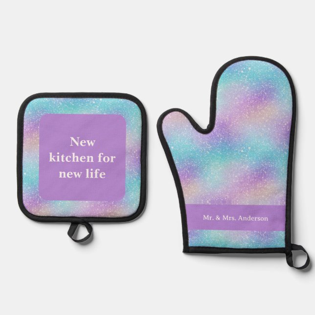 Glitter Bridal Blue And Purple Modern Fun  Oven Mitt & Pot Holder Set (Front)