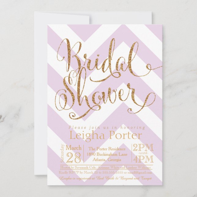 Glitter Bridal Shower Invitation Purple Chevron (Front)