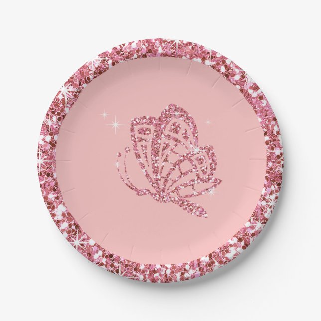 GLITTER Butterfly | mauve baby pink Paper Plate (Front)