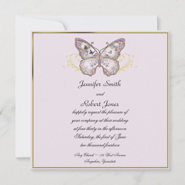 Glitter Butterfly on Lavender Wedding Invitation (Front)