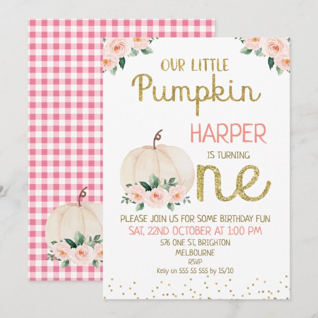 Glitter Calligraphy Pumpkin 1st Birthday Invitation (Front/Back)
