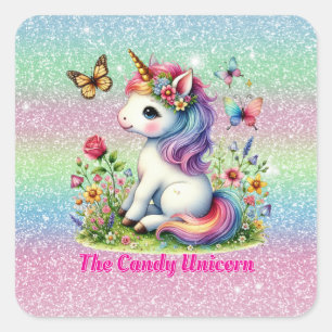 Glitter candy unicorn meadow wildflowers  square sticker
