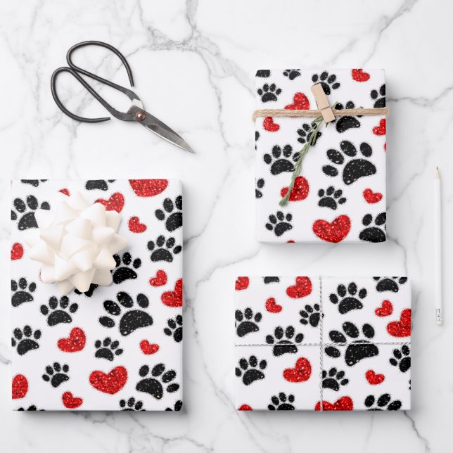 Glitter Cartoon Dog Paw Prints And Red Hearts Wrapping Paper Sheet (Front)