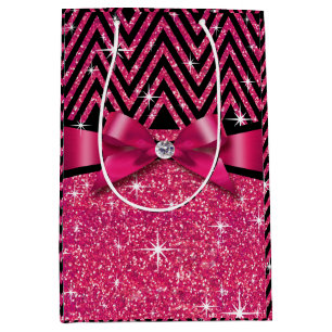 Glitter Chevron Bling Diamond Bow   fuchsia Medium Gift Bag