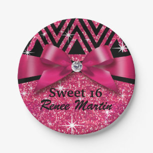 Glitter Chevron Bling Diamond Bow fuchsia Paper Plate