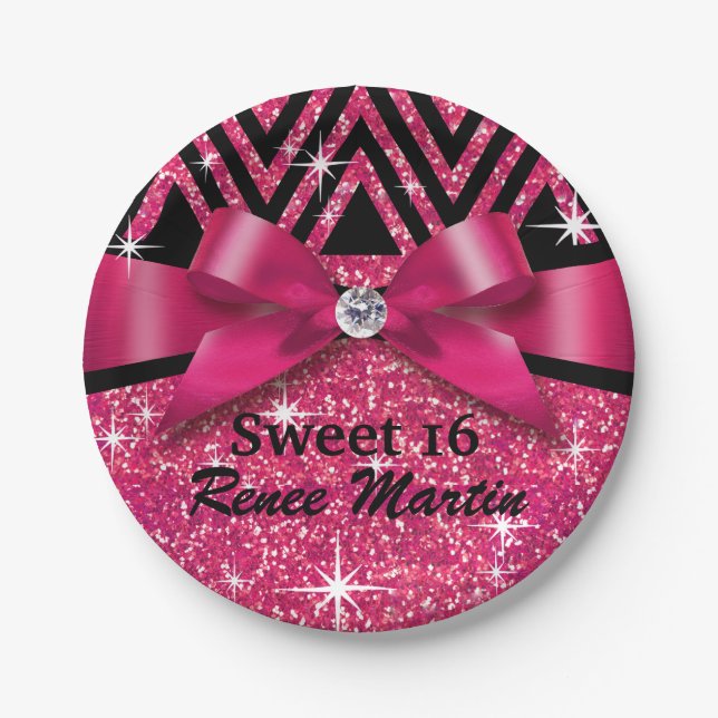Glitter Chevron Bling Diamond Bow | fuchsia Paper Plate (Front)