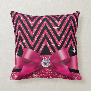 Glitter Chevron Bling Diamond Bow   fuchsia Throw Pillow