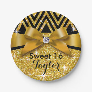 Glitter Chevron Bling Diamond Bow gold Paper Plate