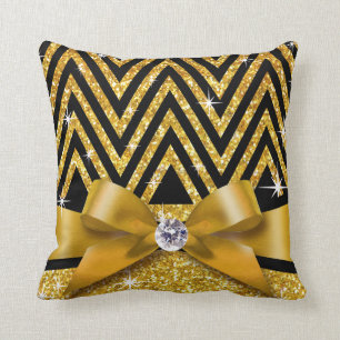Glitter Chevron Bling Diamond Bow   gold Throw Pillow